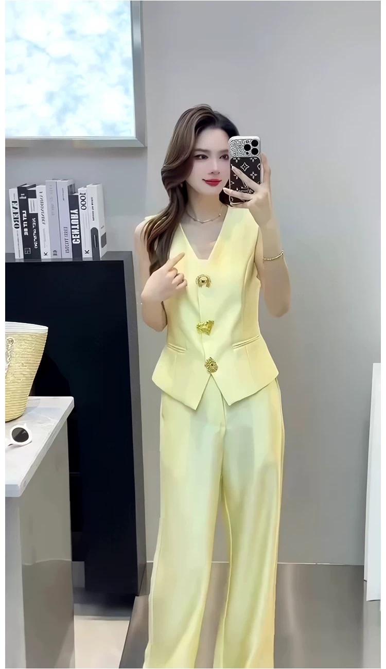 Fashion single-breasted long pants summer tops 2pcs set