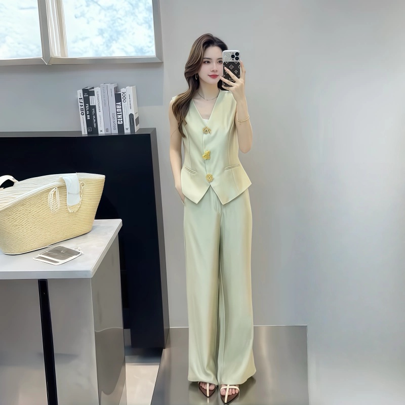Fashion single-breasted long pants summer tops 2pcs set