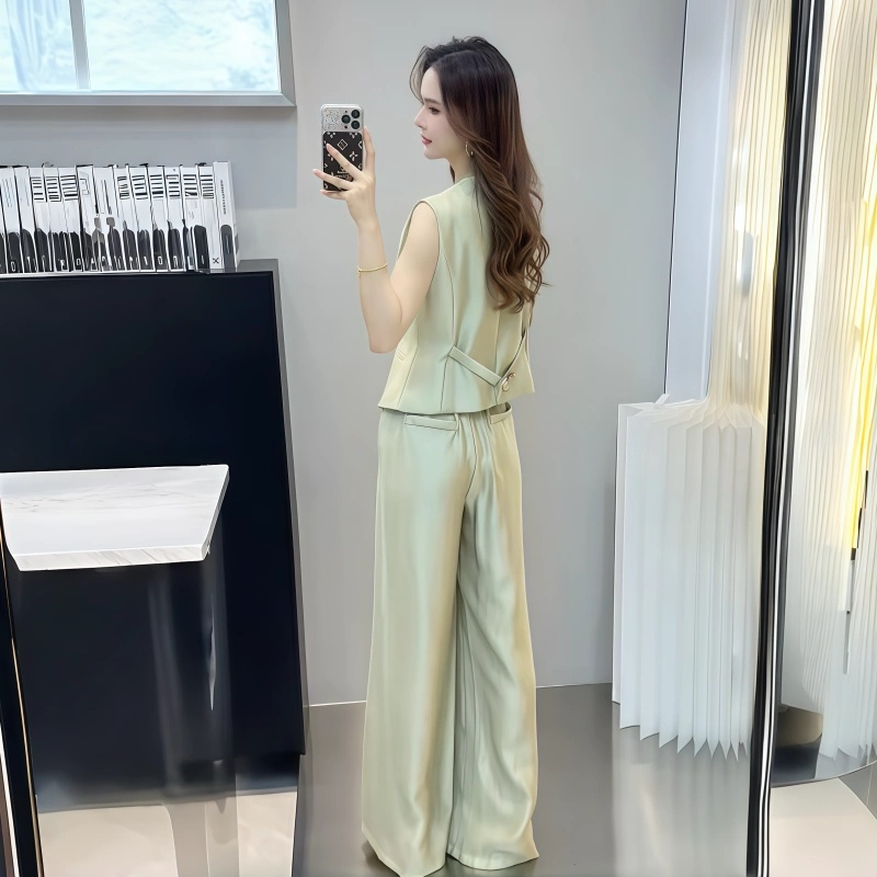 Fashion single-breasted long pants summer tops 2pcs set