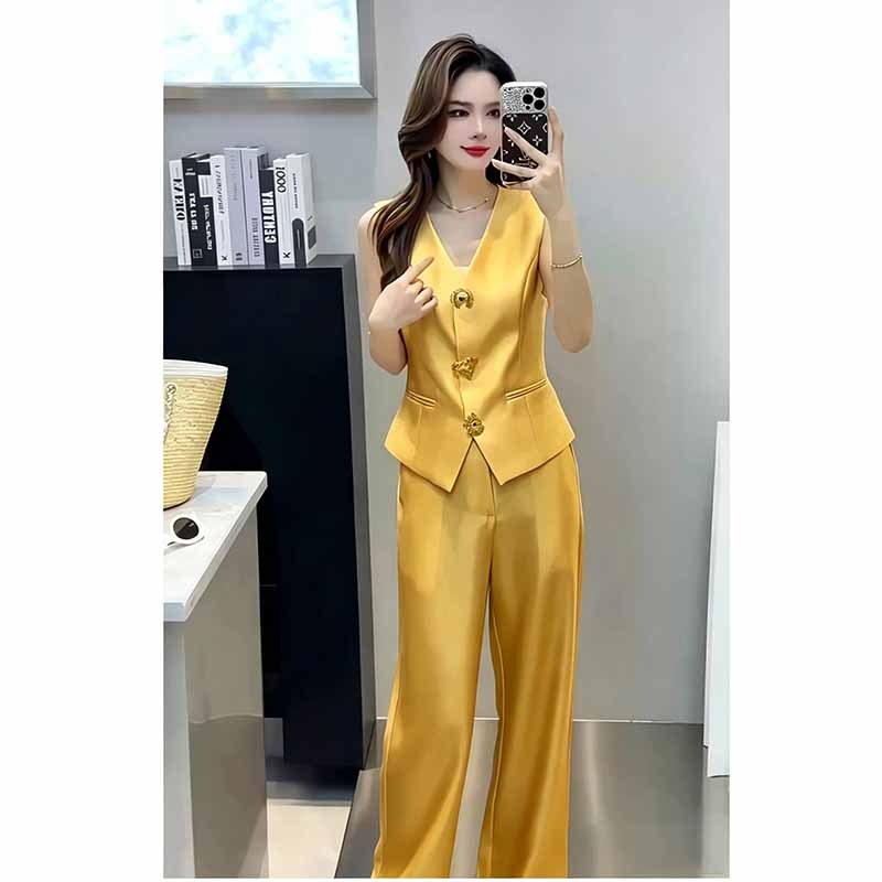 Fashion single-breasted long pants summer tops 2pcs set