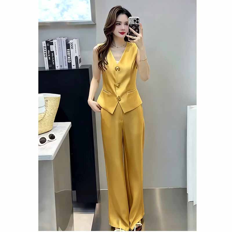 Fashion single-breasted long pants summer tops 2pcs set