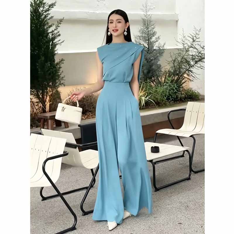 Asymmetry fashion long pants summer tops 2pcs set