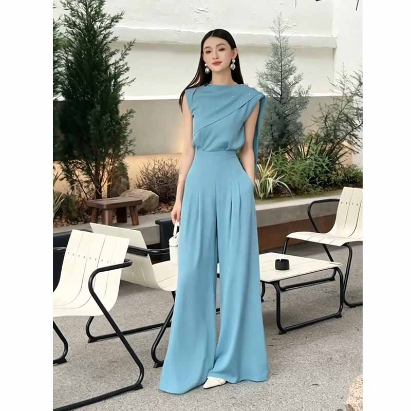 Asymmetry fashion long pants summer tops 2pcs set