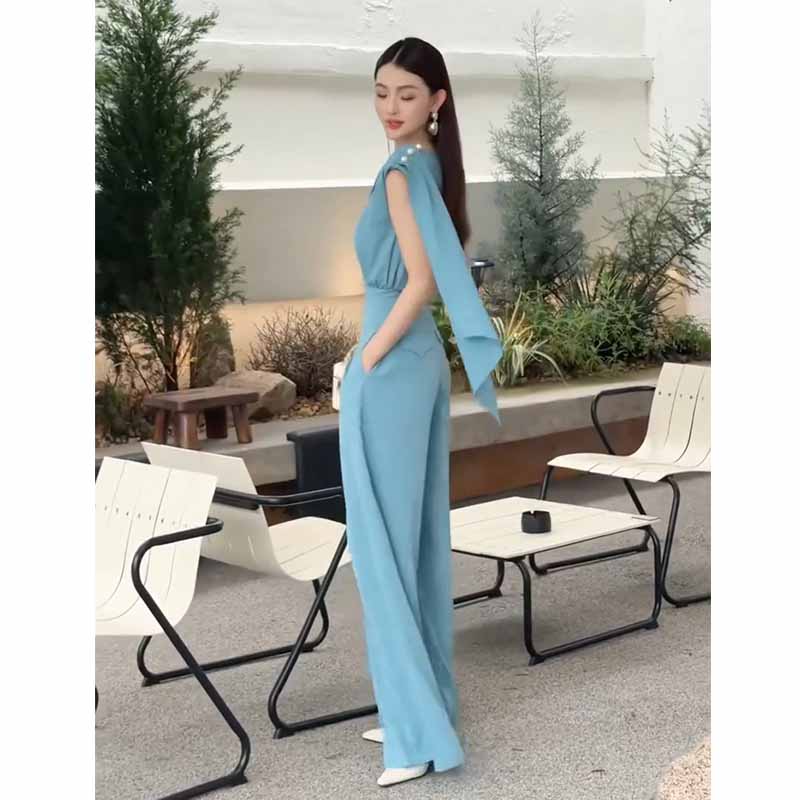 Asymmetry fashion long pants summer tops 2pcs set