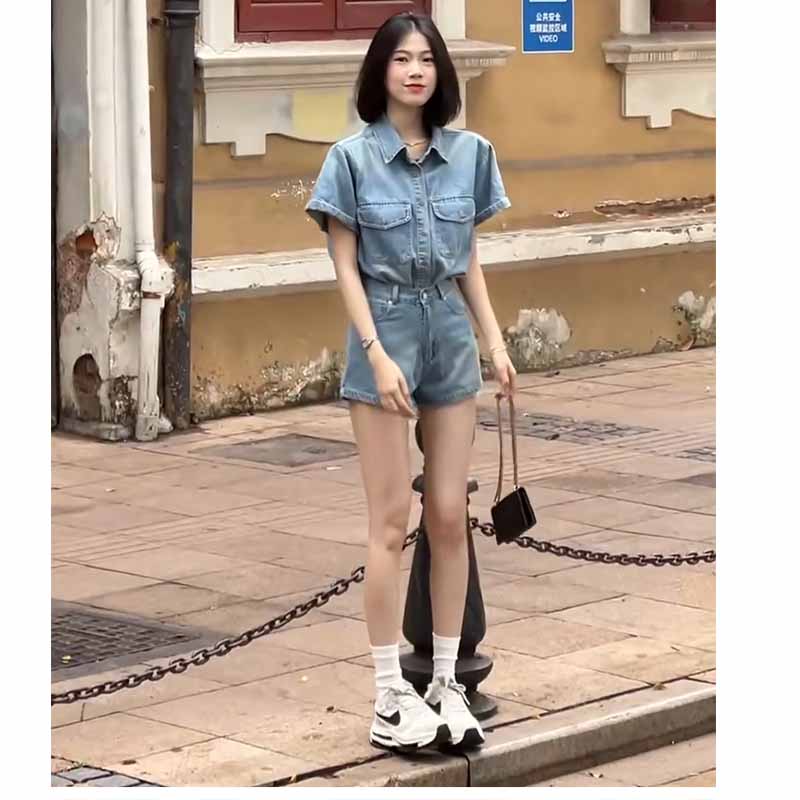 Fashion denim tops temperament shorts 2pcs set