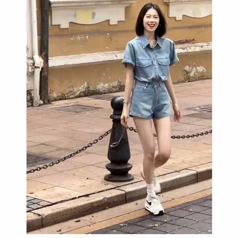 Fashion denim tops temperament shorts 2pcs set