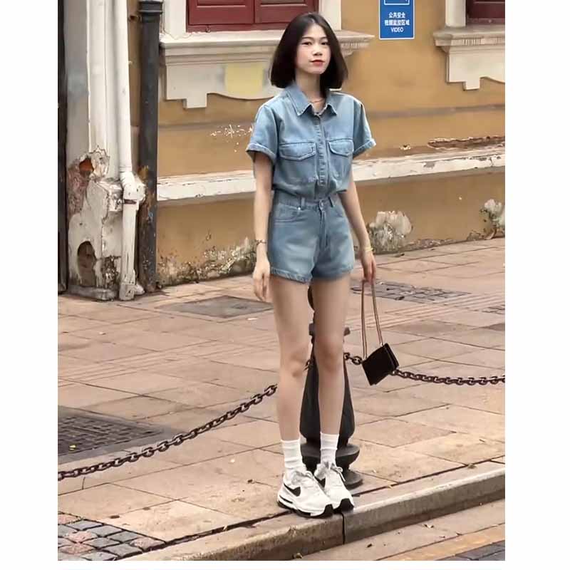 Fashion denim tops temperament shorts 2pcs set