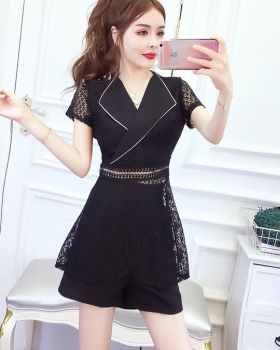 Slim sexy lapel tops summer hollow lace shorts a set