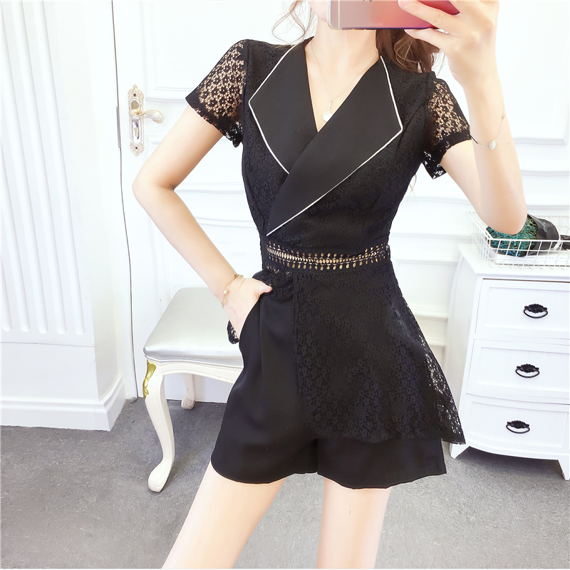 Slim sexy lapel tops summer hollow lace shorts a set