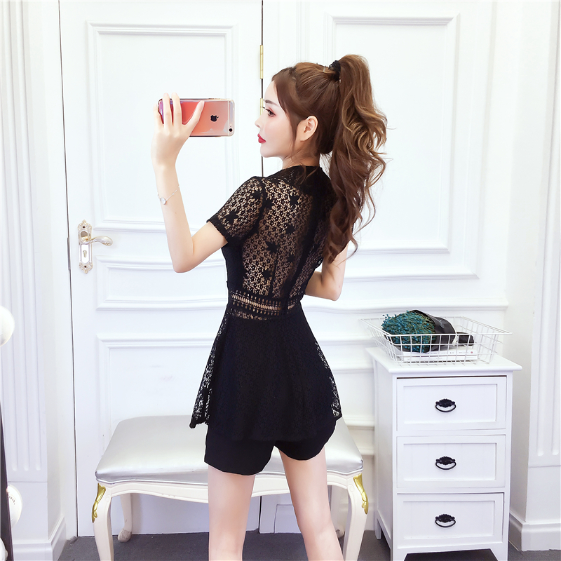 Slim sexy lapel tops summer hollow lace shorts a set
