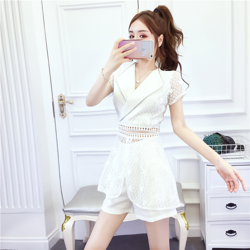 Slim sexy lapel tops summer hollow lace shorts a set