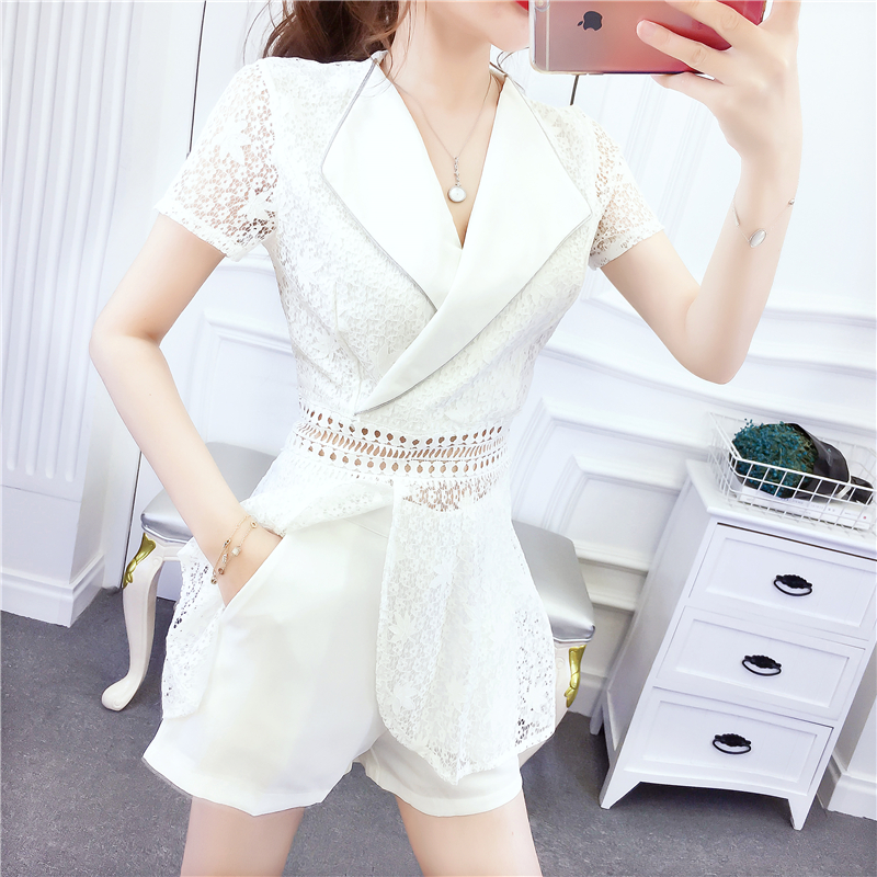Slim sexy lapel tops summer hollow lace shorts a set