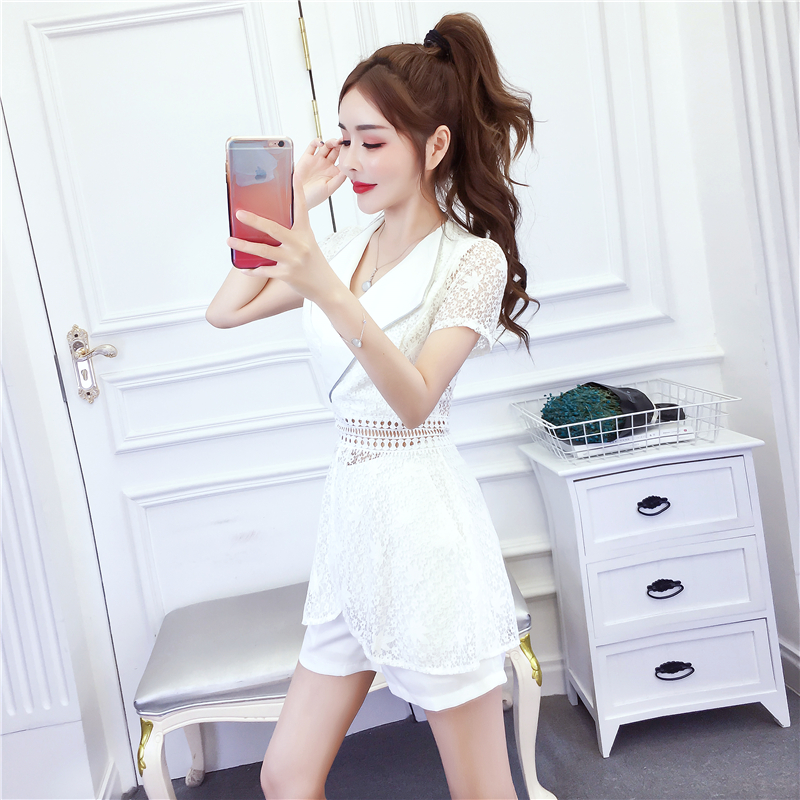 Slim sexy lapel tops summer hollow lace shorts a set