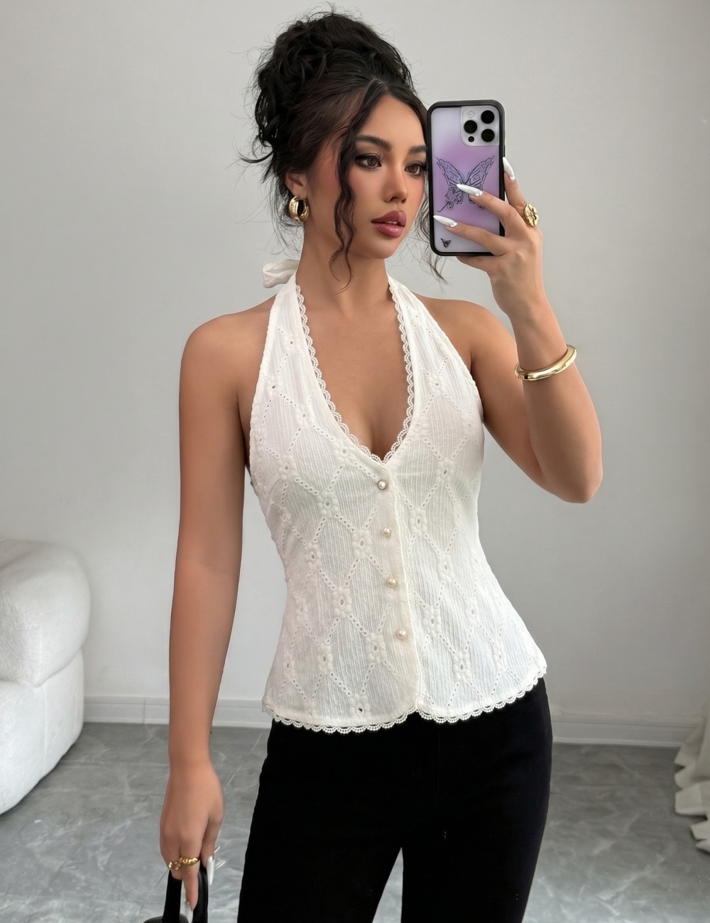 Fashion summer frenum sling pearl elegant vest for women