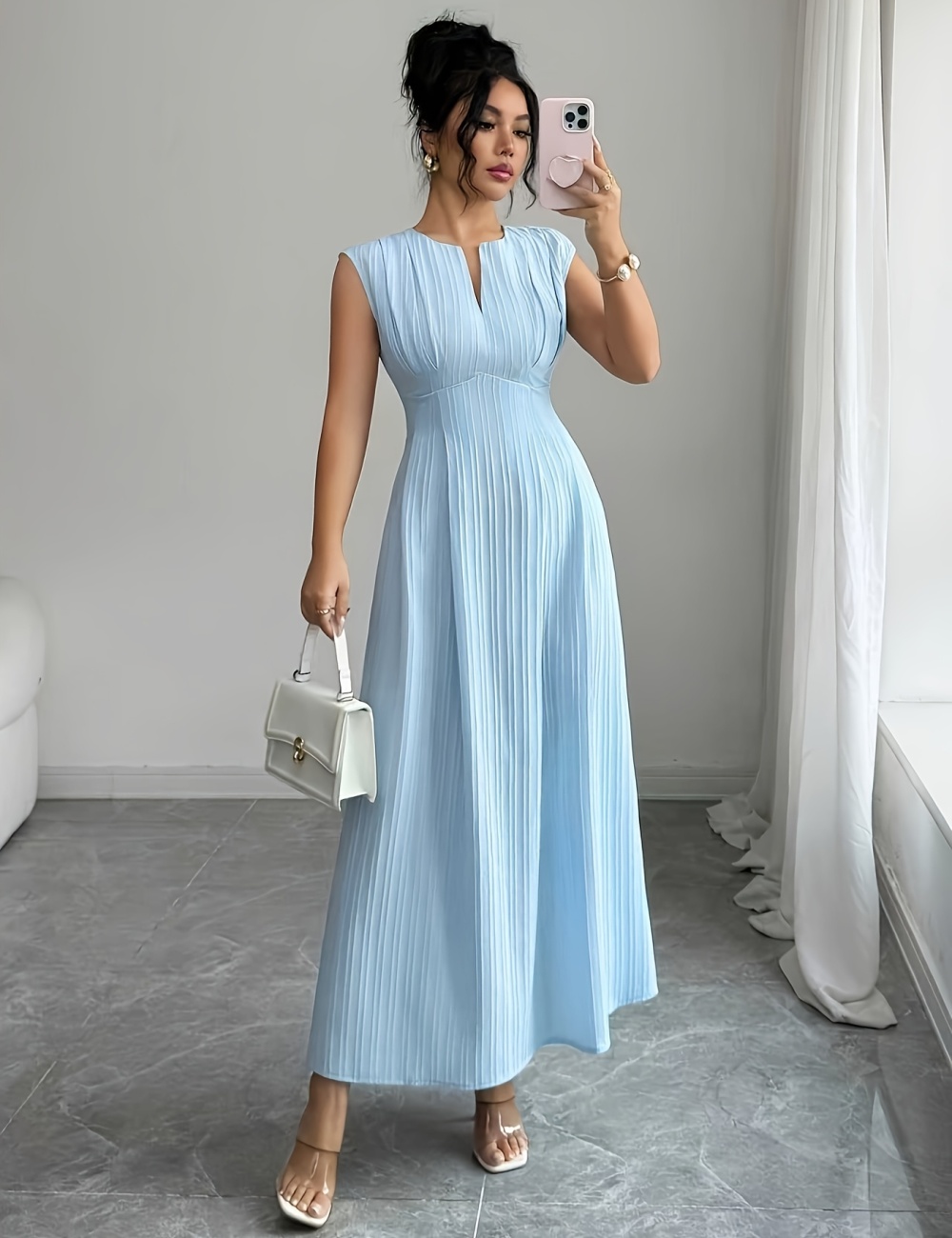 Elegant sleeveless A-line pinched waist dress for women