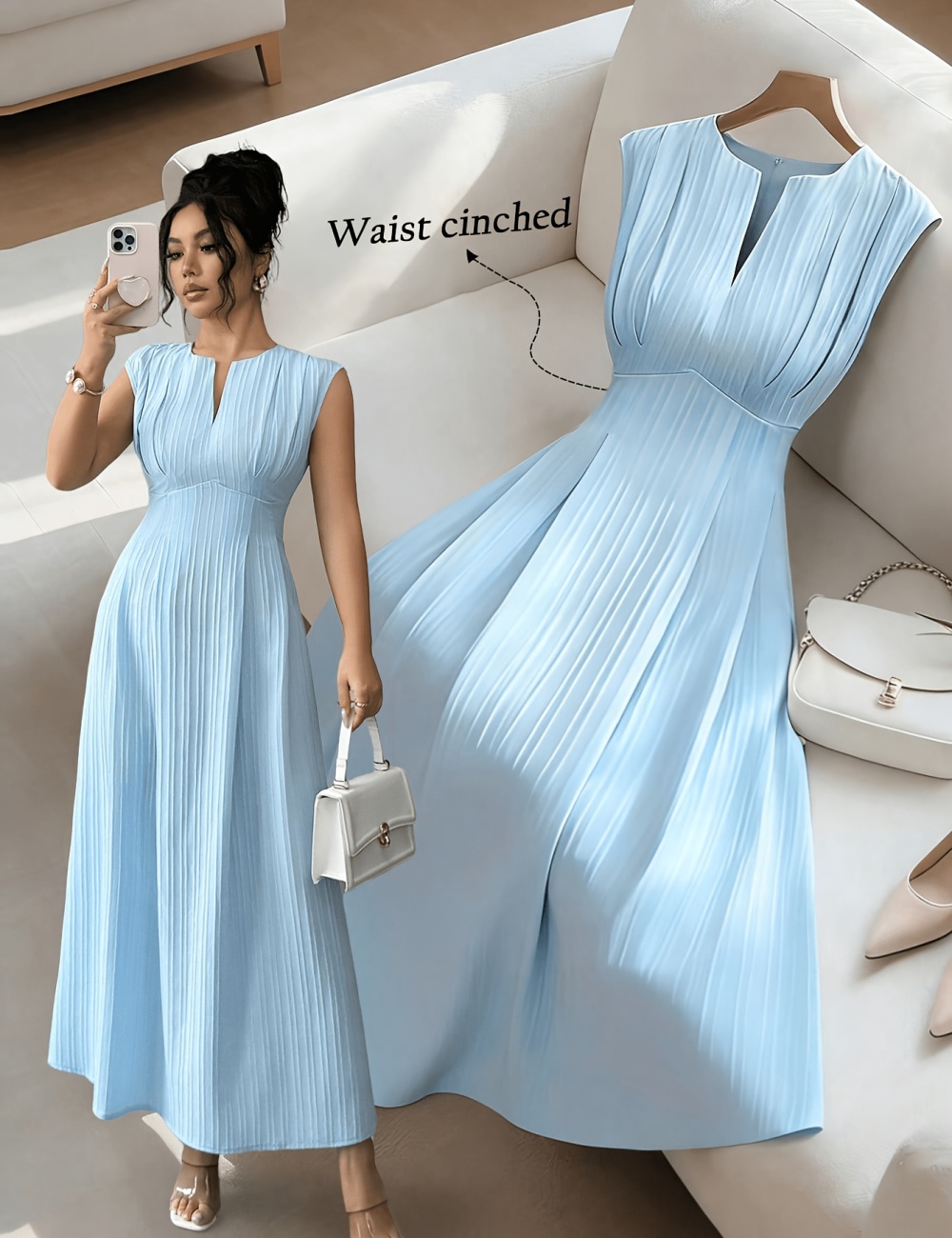 Elegant sleeveless A-line pinched waist dress for women