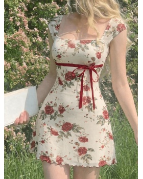 Mesh flowers summer square collar romantic dress for women