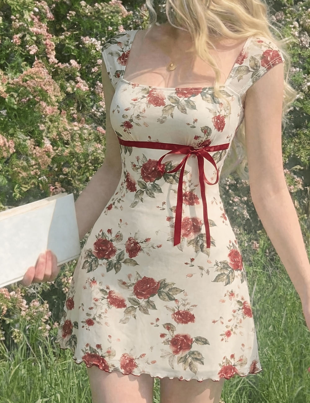 Mesh flowers summer square collar romantic dress for women