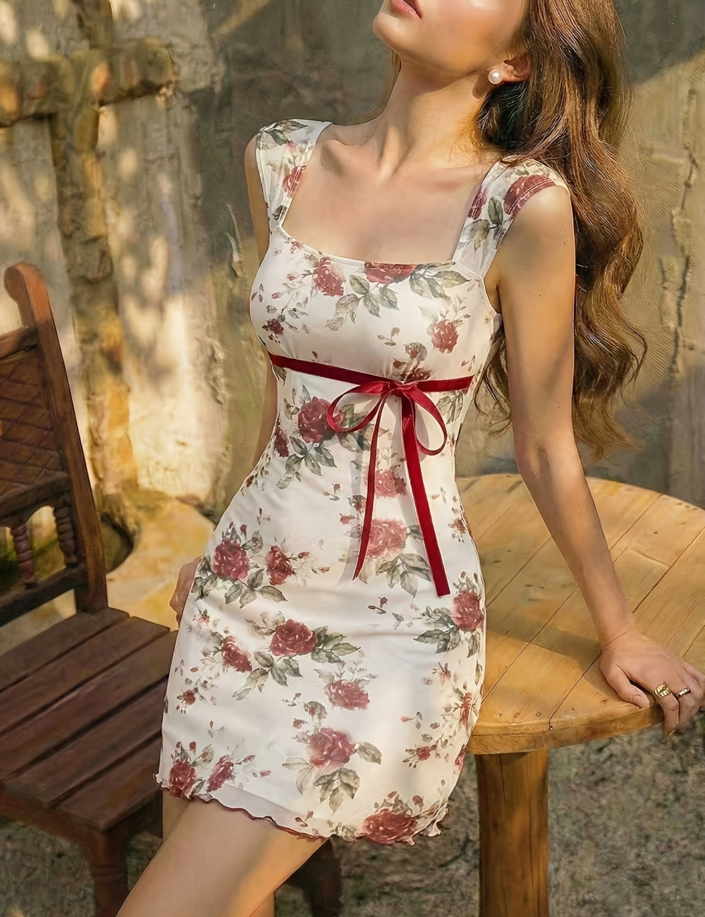 Mesh flowers summer square collar romantic dress for women