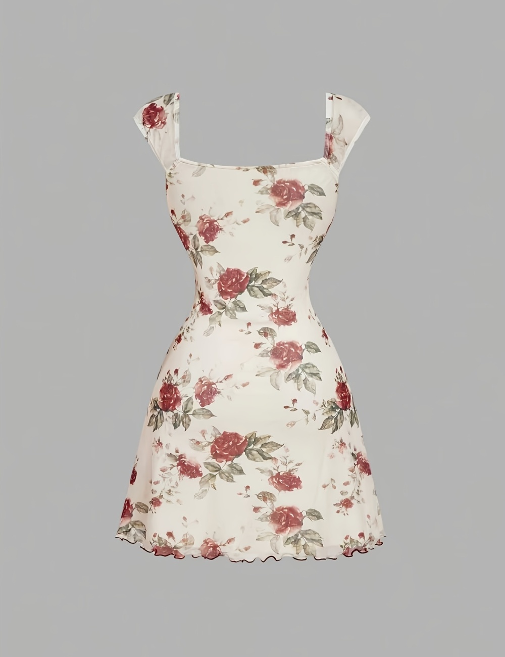 Mesh flowers summer square collar romantic dress for women