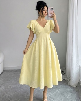 Summer France style Casual elegant pure V-neck dress for women