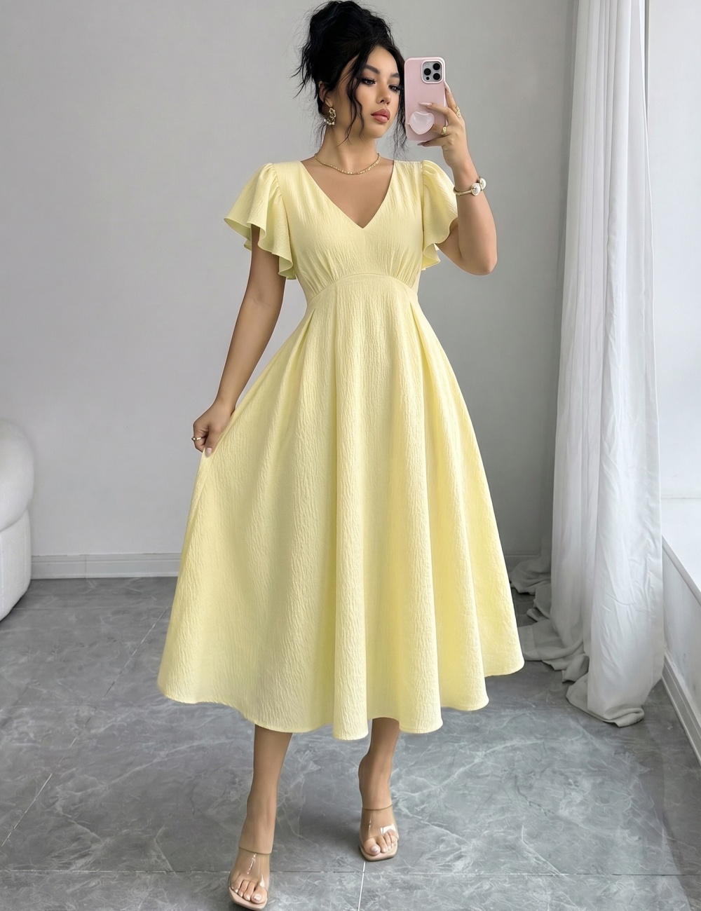 Summer France style Casual elegant pure V-neck dress for women