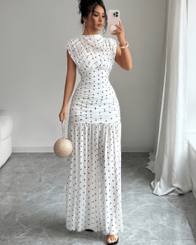 Polka dot pinched waist fashion sleeveless fold summer dress
