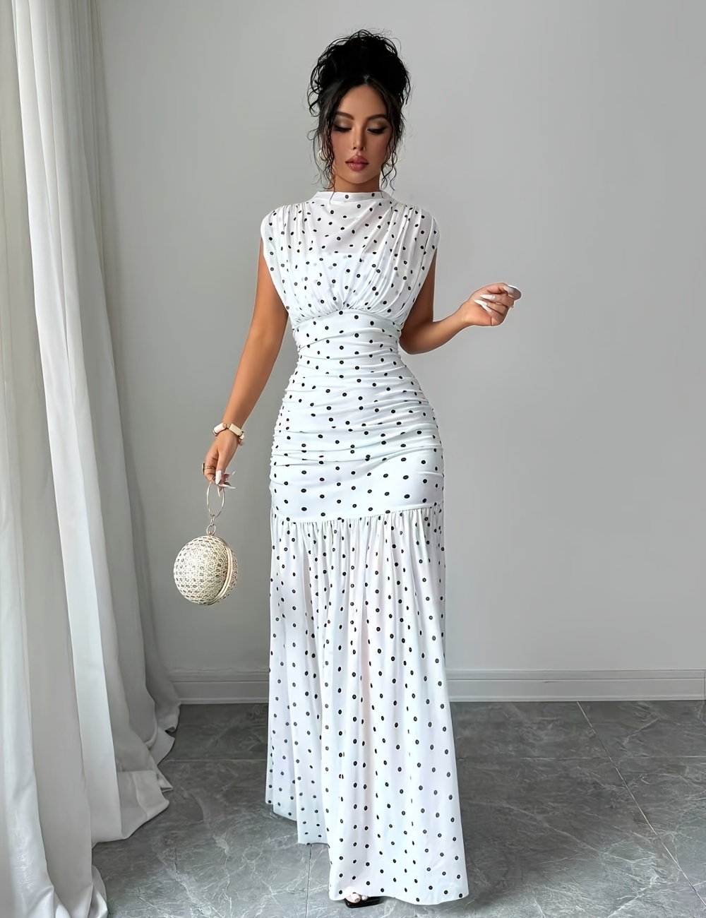 Polka dot pinched waist fashion sleeveless fold summer dress