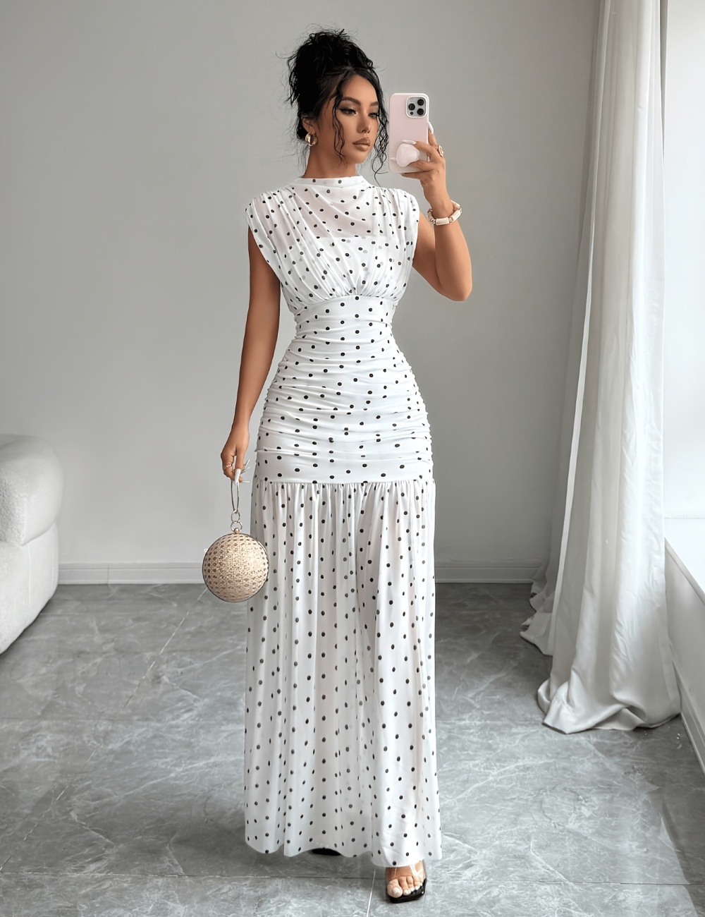 Polka dot pinched waist fashion sleeveless fold summer dress