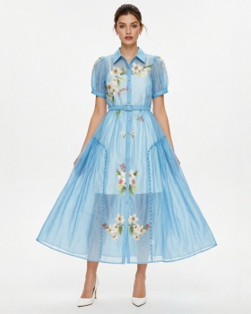 Long rhinestone vacation puff sleeve flowers dress
