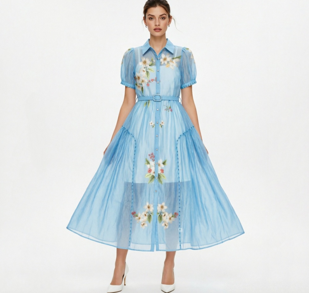 Long rhinestone vacation puff sleeve flowers dress
