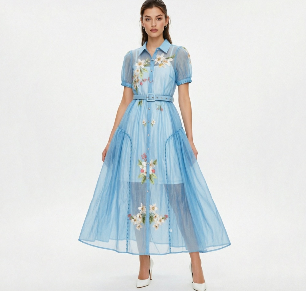 Long rhinestone vacation puff sleeve flowers dress