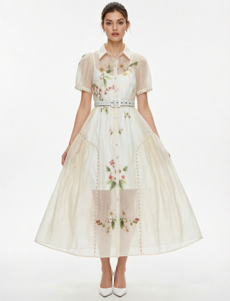 Long rhinestone vacation puff sleeve flowers dress