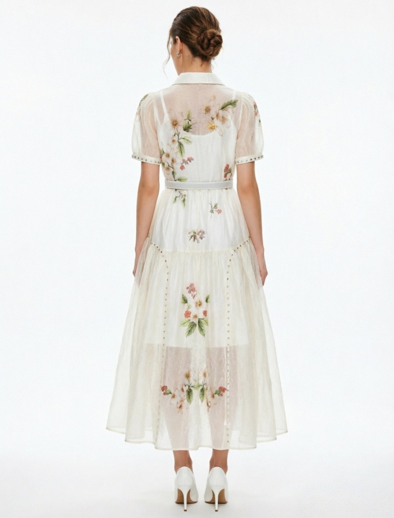 Long rhinestone vacation puff sleeve flowers dress