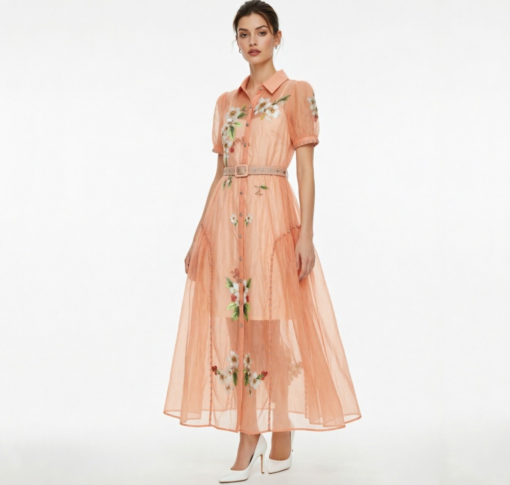 Long rhinestone vacation puff sleeve flowers dress