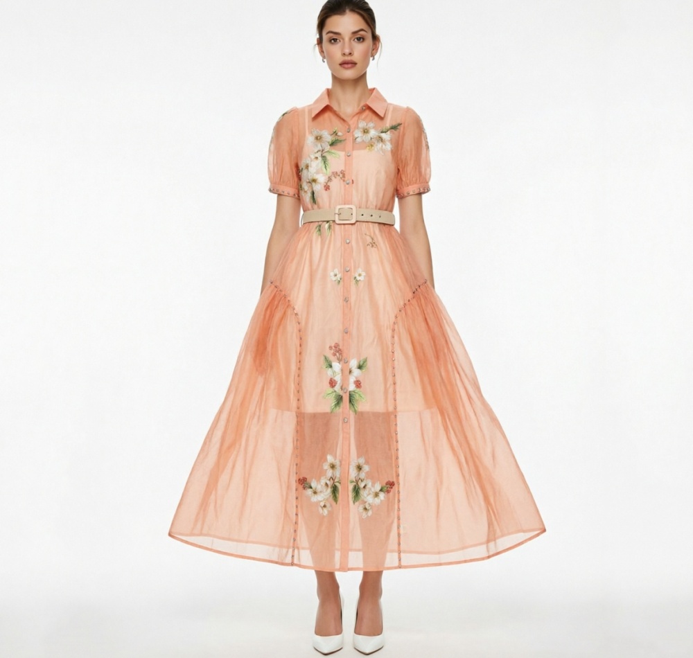 Long rhinestone vacation puff sleeve flowers dress