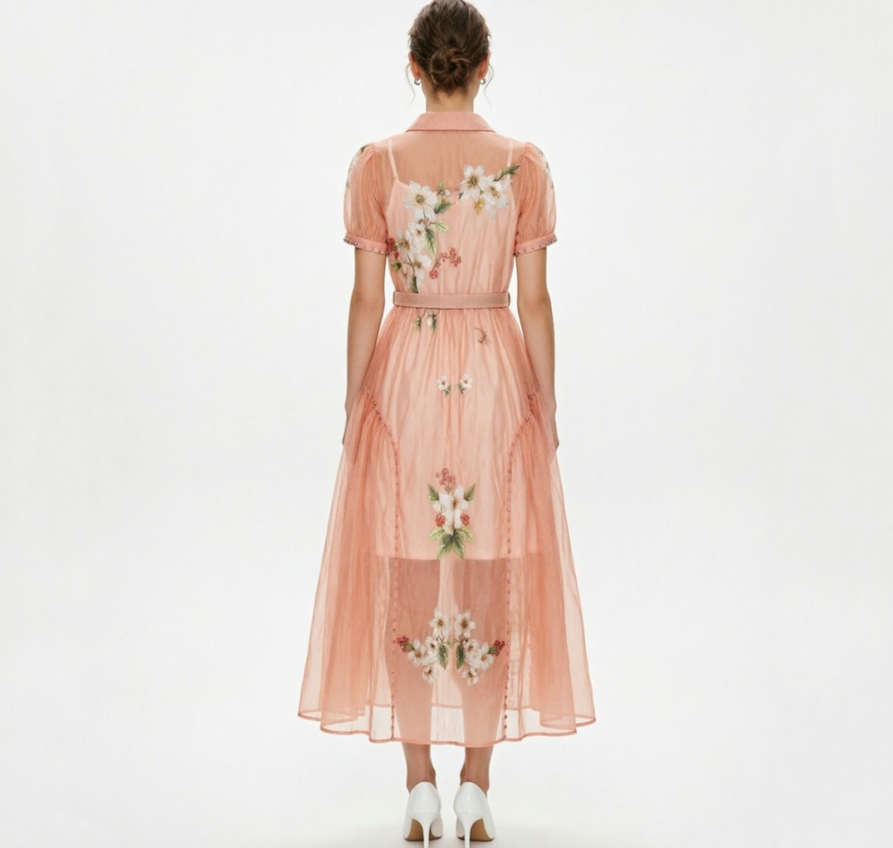 Long rhinestone vacation puff sleeve flowers dress