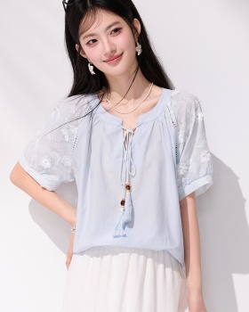 Blue tassels frenum shirt short sleeve summer tops
