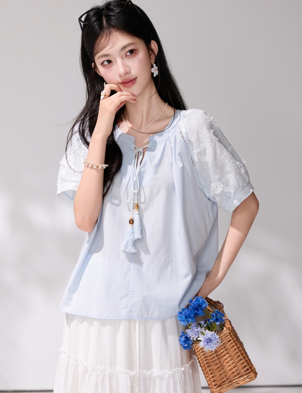 Blue tassels frenum shirt short sleeve summer tops