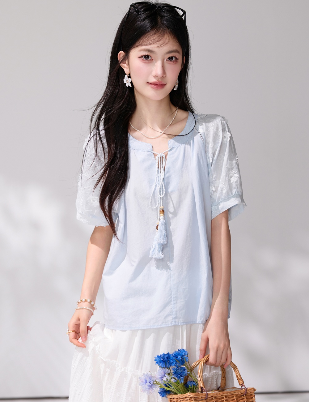 Blue tassels frenum shirt short sleeve summer tops