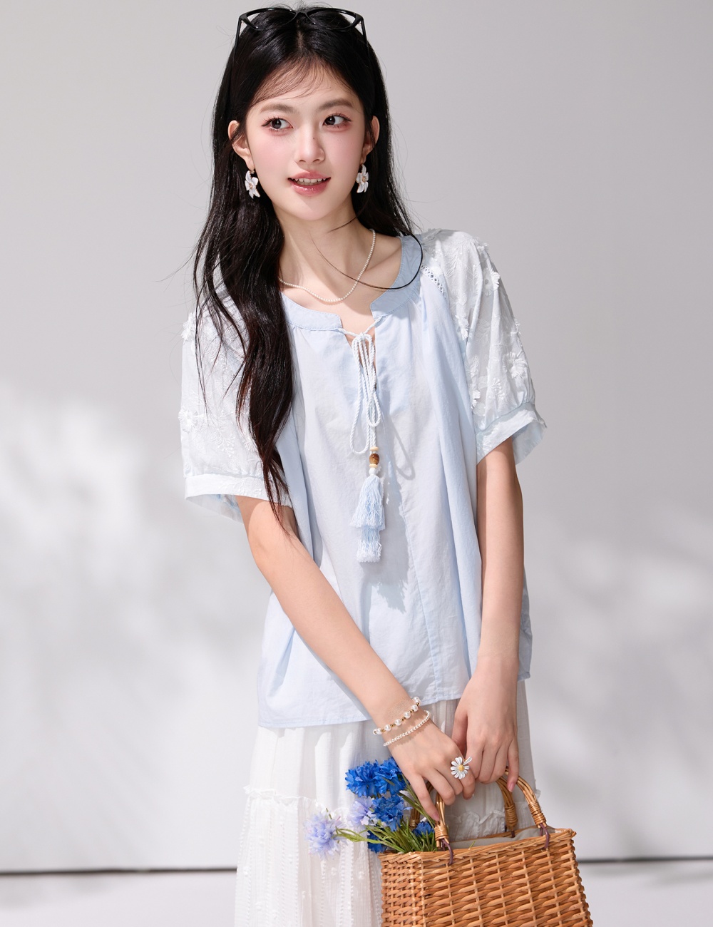 Blue tassels frenum shirt short sleeve summer tops
