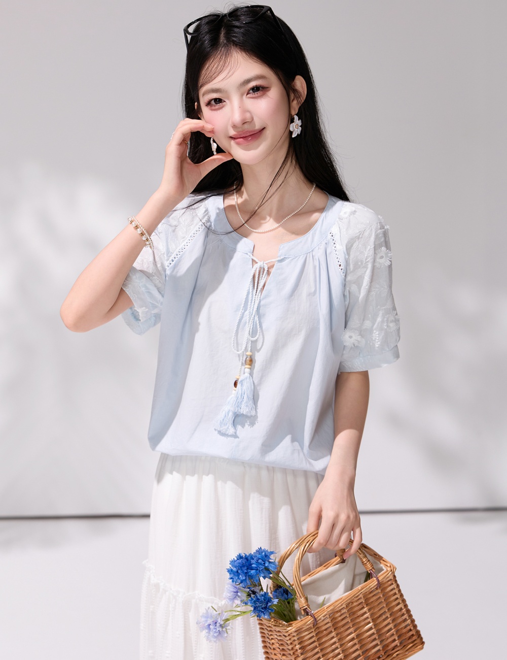 Blue tassels frenum shirt short sleeve summer tops