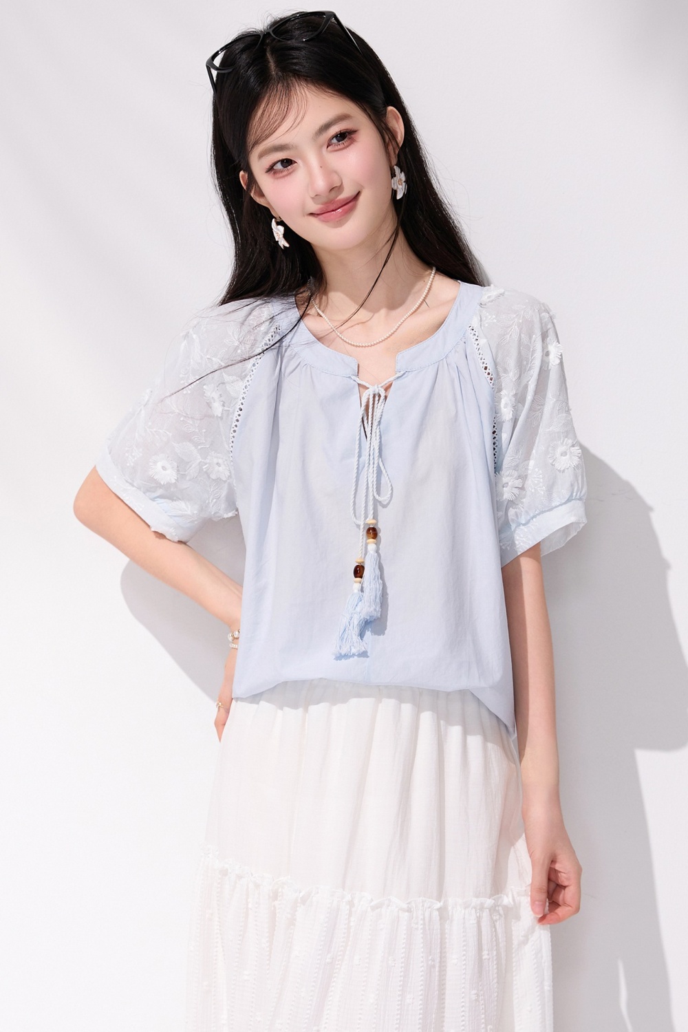 Blue tassels frenum shirt short sleeve summer tops