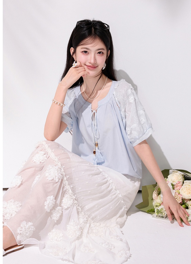 Blue tassels frenum shirt short sleeve summer tops