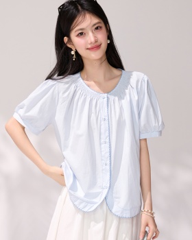 Short sleeve light-blue puff sleeve shirt lace summer tops