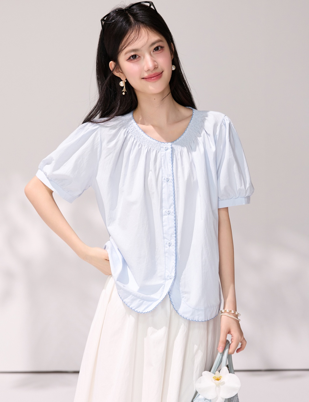 Short sleeve light-blue puff sleeve shirt lace summer tops