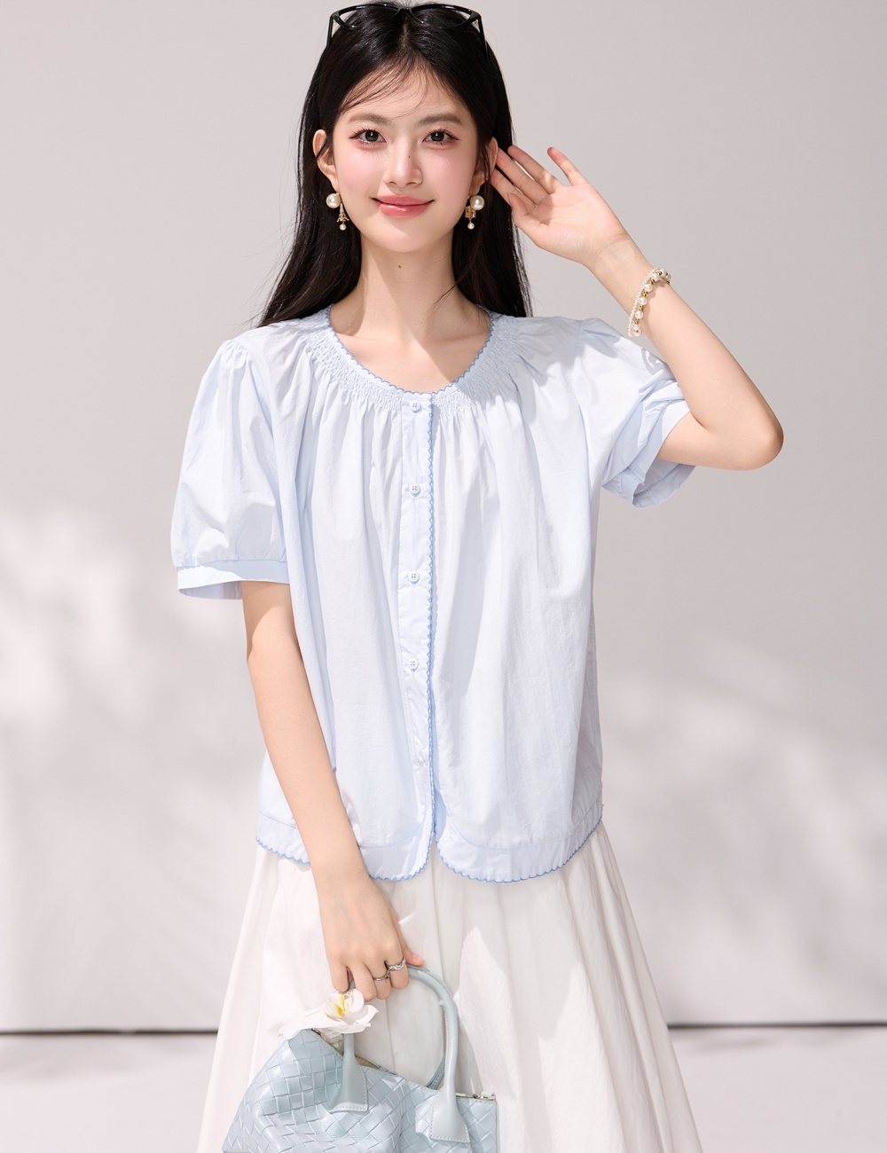 Short sleeve light-blue puff sleeve shirt lace summer tops