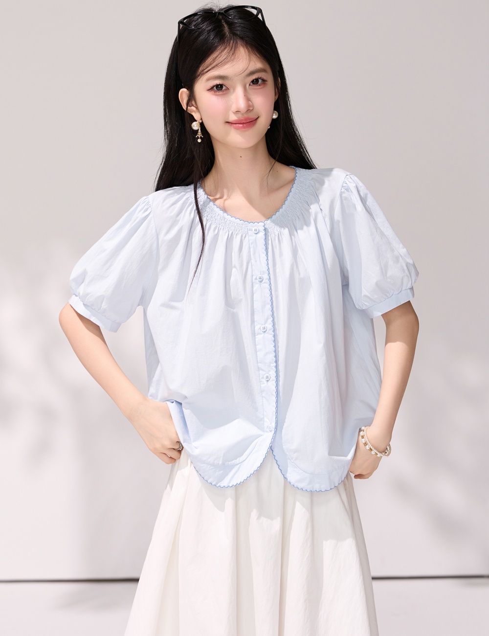 Short sleeve light-blue puff sleeve shirt lace summer tops