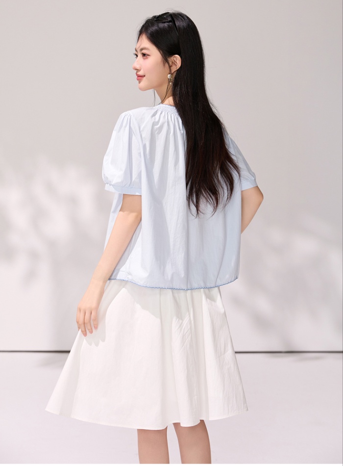 Short sleeve light-blue puff sleeve shirt lace summer tops