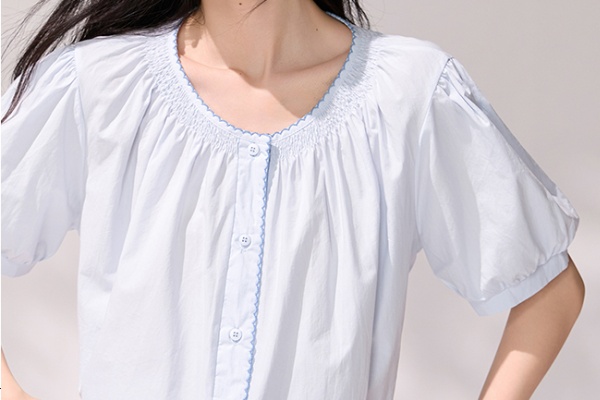 Short sleeve light-blue puff sleeve shirt lace summer tops